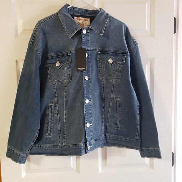 True Religion Oversized Glitter Denim Women's Jacket Button Front Size XL NWT - Picture 1 of 10